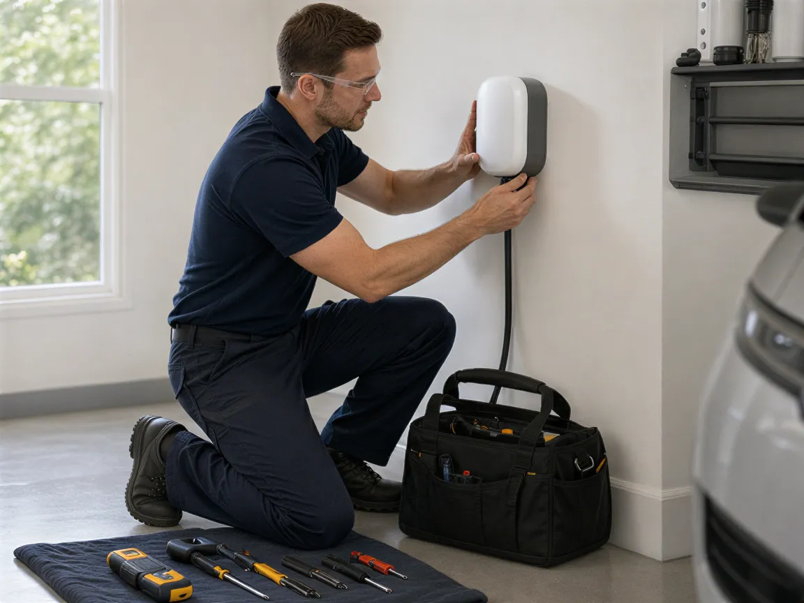 Ein Elektriker installiert eine weiße Ladestation für Elektroautos an einer Wand in einer sauberen Garage.