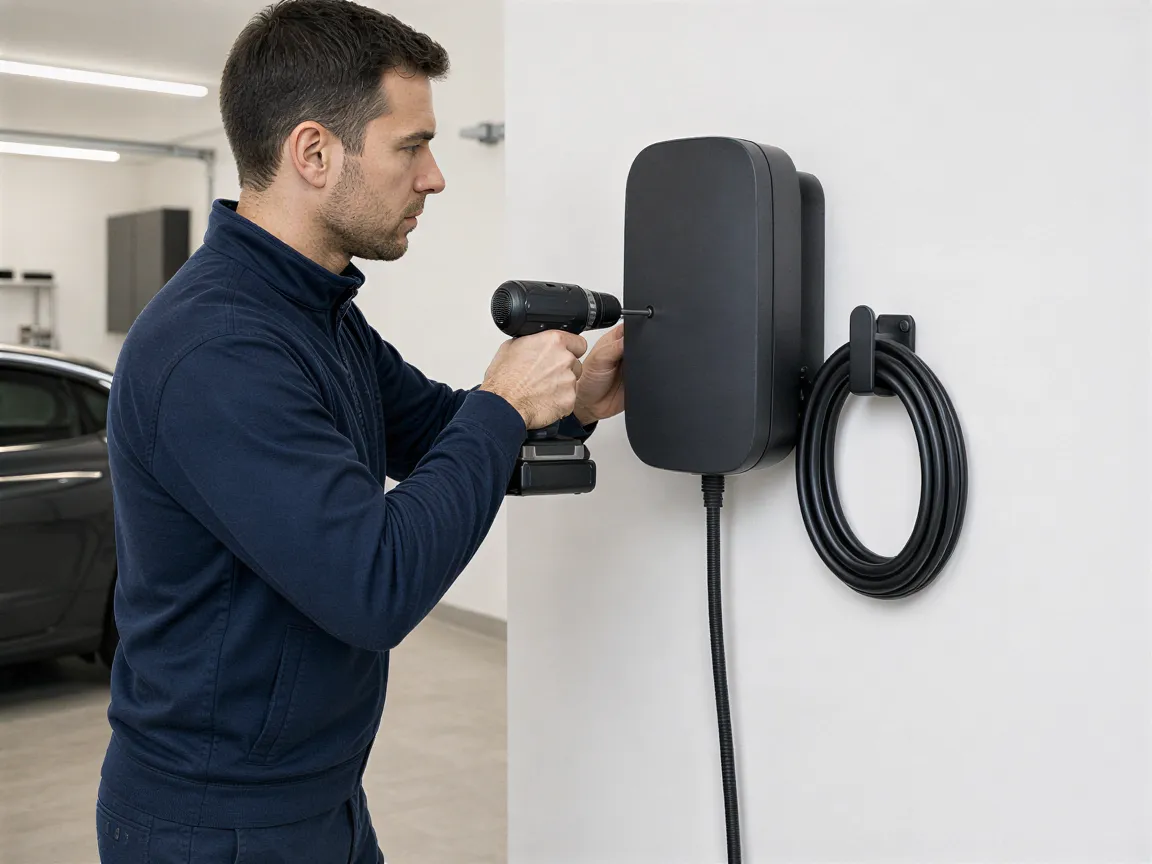Ein Elektriker installiert eine moderne Ladestation für Elektroautos an einer weißen Garagenwand.