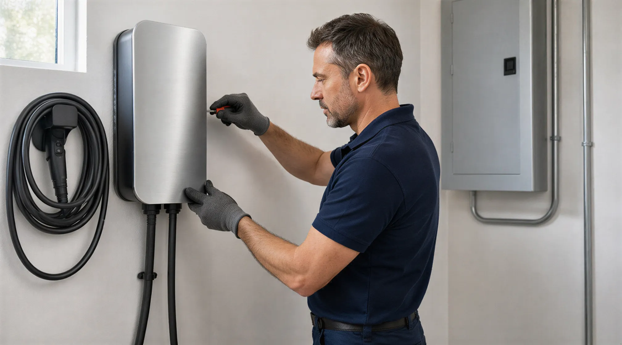 Ein Elektriker installiert eine Wallbox-Ladestation in einer sauberen Garage, während er die Abdeckung festschraubt.