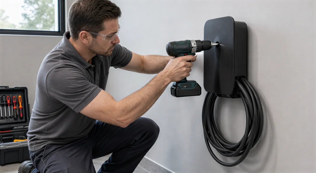 Ein Elektriker installiert eine Wandladestation für Elektroautos in einer modernen Garage.