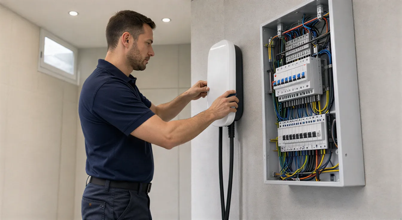 Ein Elektriker installiert eine weiße Ladestation für Elektroautos an einer hellgrauen Wand in einem modernen Technikraum.