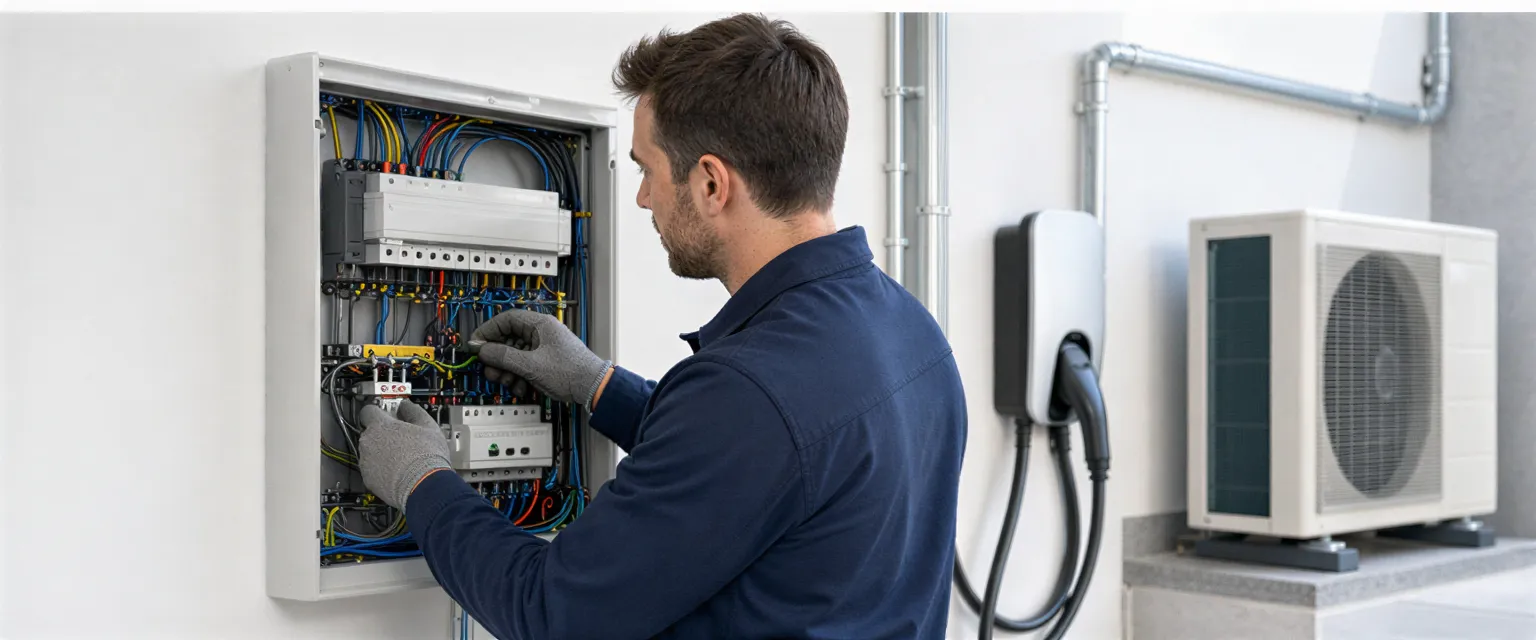 Ein Elektriker in Schutzhandschuhen verbindet Kabel in einem modernen, metallenen Verteilerkasten.