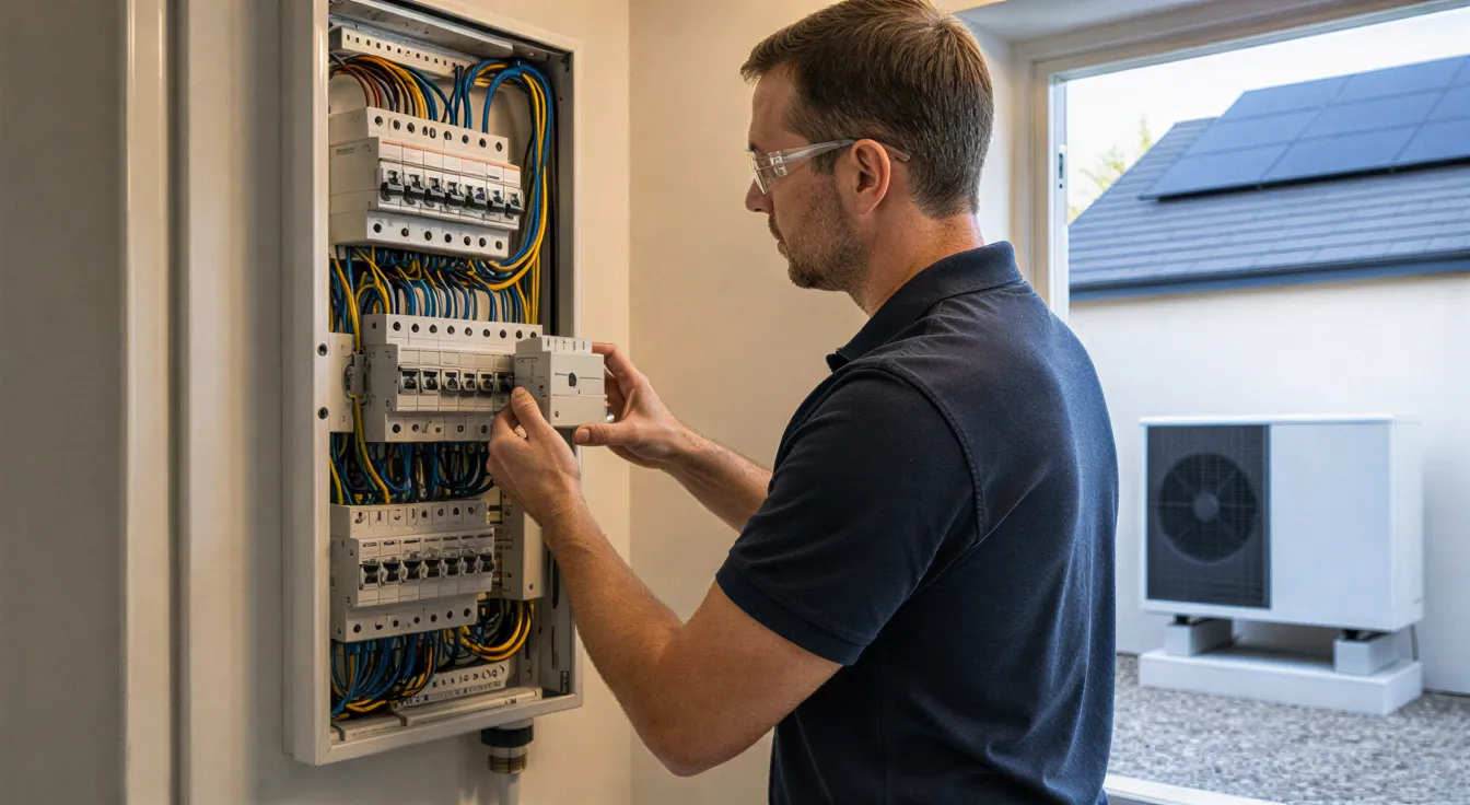 Ein Elektriker installiert einen Schalter in einem sauberen Sicherungskasten, im Hintergrund eine Wärmepumpe.
