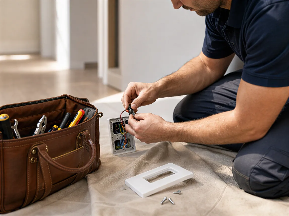 Ein Elektriker installiert eine Steckdose in einer hellgrauen Wand, während seine Hände die Drähte fachmännisch verbinden.
