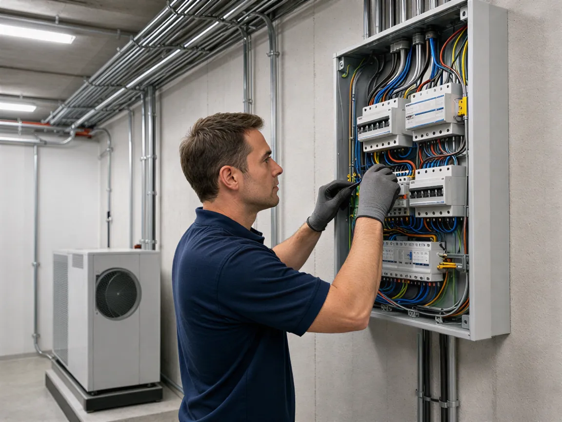 Ein Elektriker in einem modernen Technikraum verbindet sorgfältig Kabel in einer geöffneten Wandverteilung.