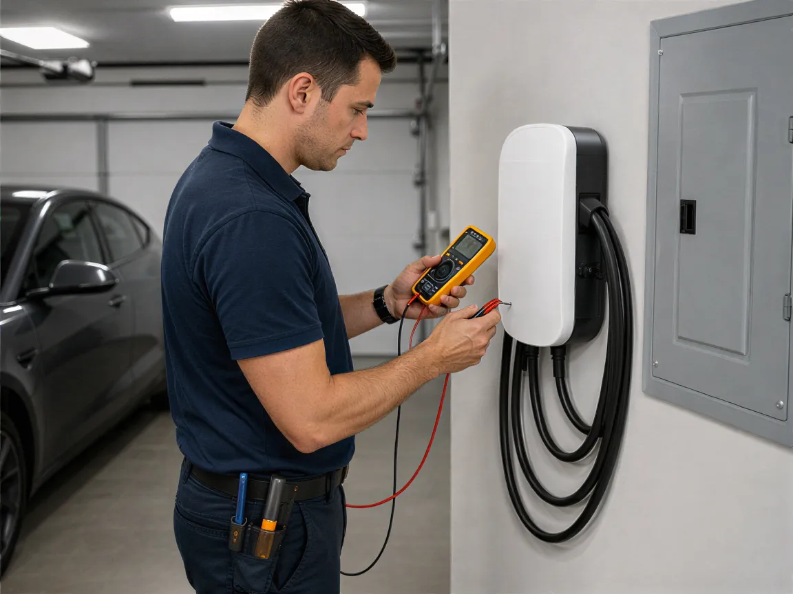 Ein Elektriker prüft mit einem Multimeter eine weiße Wallbox in einer modernen Garage.