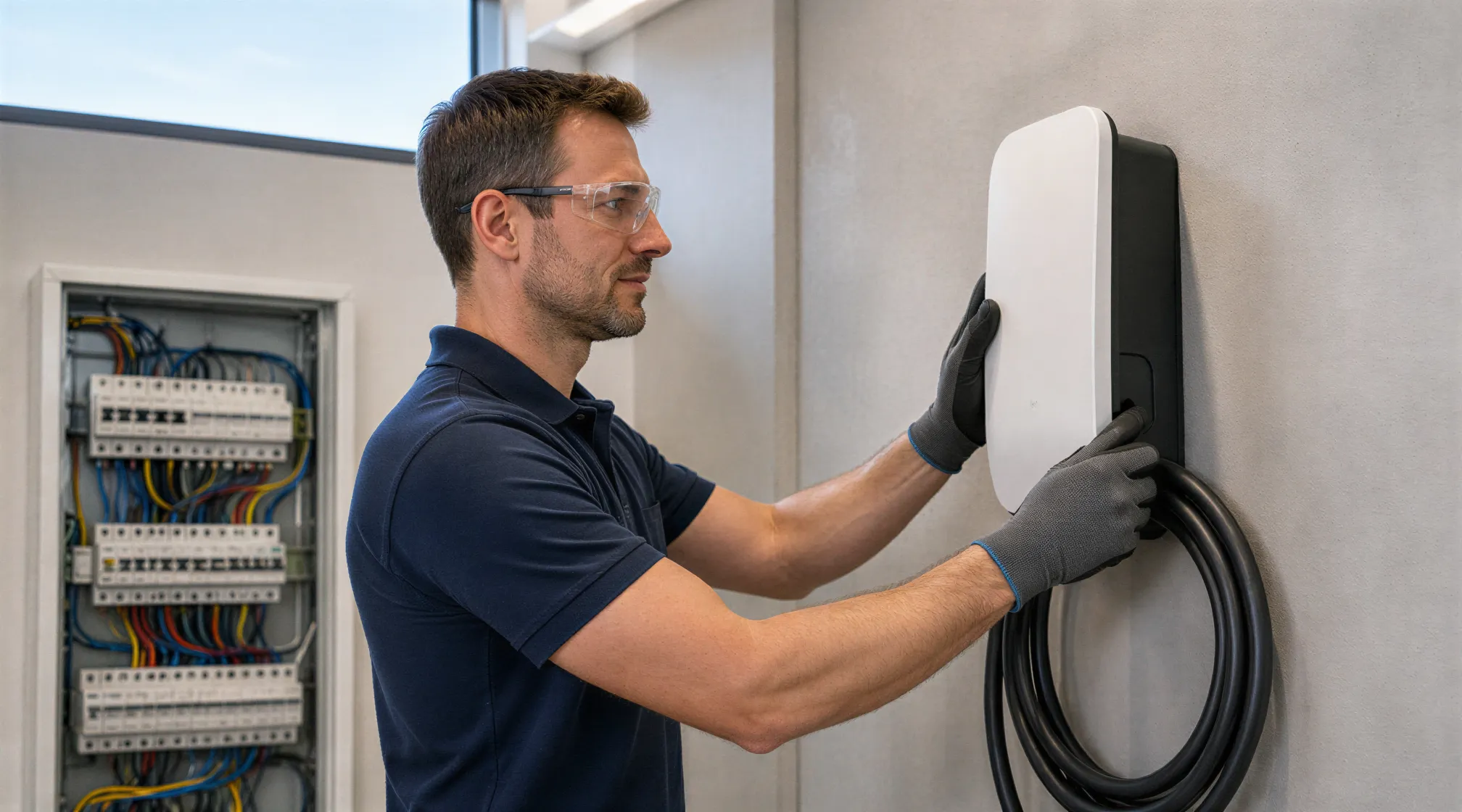 Ein Elektriker installiert eine weiße Wallbox für Elektroautos an einer hellgrauen Wand.