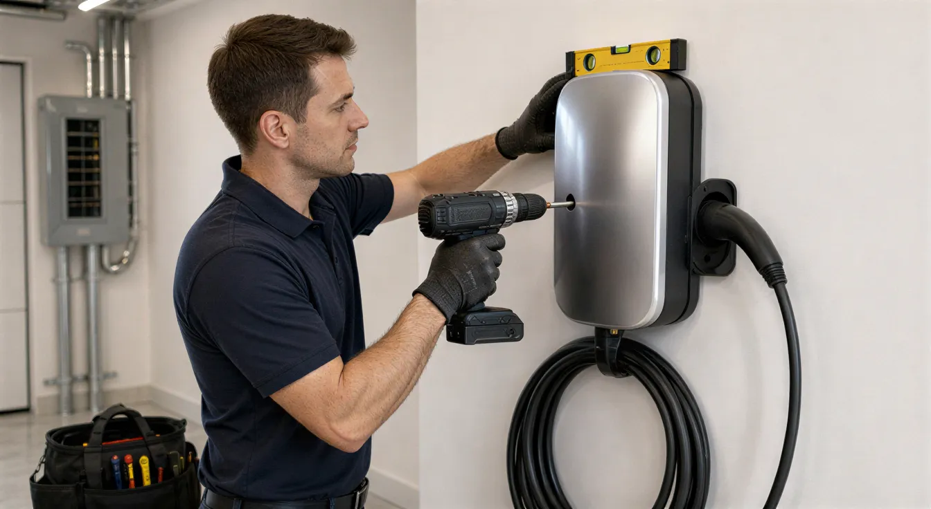 Ein Elektriker installiert eine Wandladestation für Elektroautos in einem modernen Elektroraum.