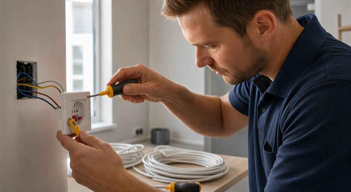 Ein Elektriker installiert eine moderne Steckdose in einem neu renovierten Wohnhaus mit neutralen Wänden.