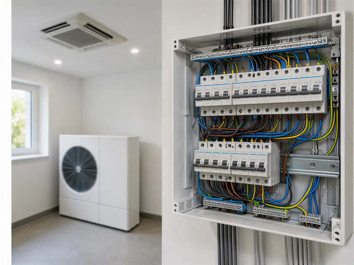 Ein moderner Elektroverteiler mit farbcodierten Kabeln und Schaltern in einem sauberen Technikraum.