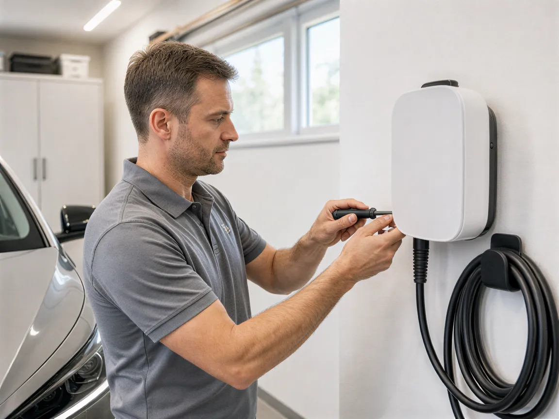 Ein Elektriker schließt einen modernen Wandladepunkt für ein Elektroauto in einer sauberen Garage an.