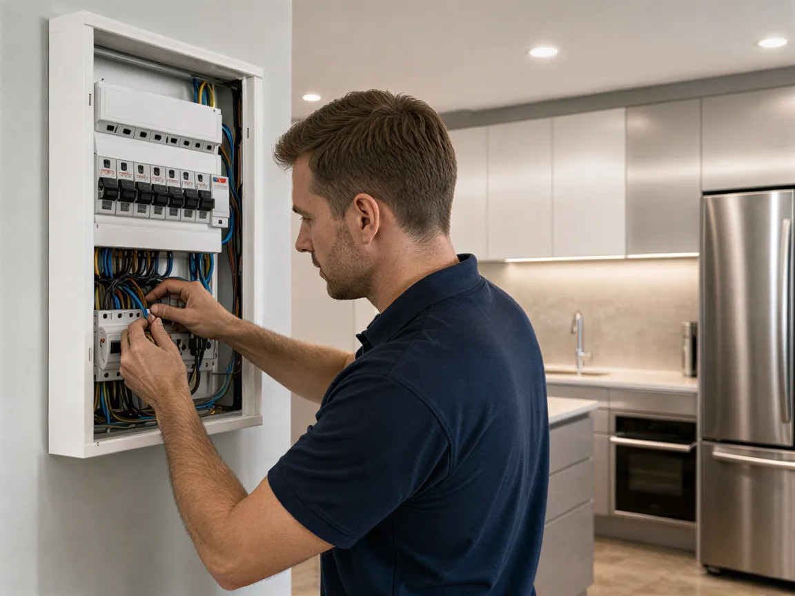 Ein Elektriker in blauem Hemd installiert Kabel in einem weißen Verteilerkasten in einer modernen Küche.