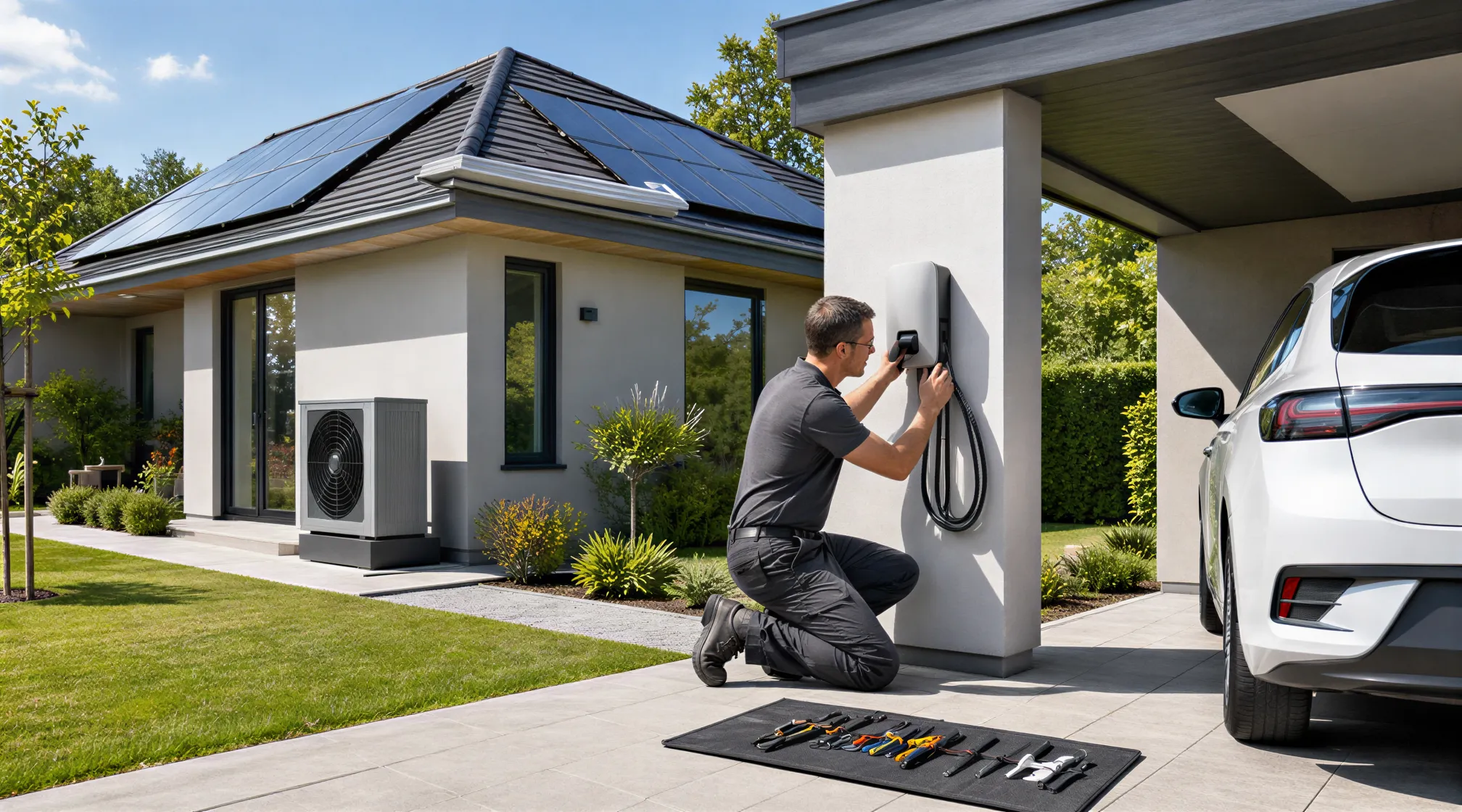 Ein Elektriker installiert eine E-Auto-Ladestation an der Wand einer modernen Einfamilienhaus-Carport.