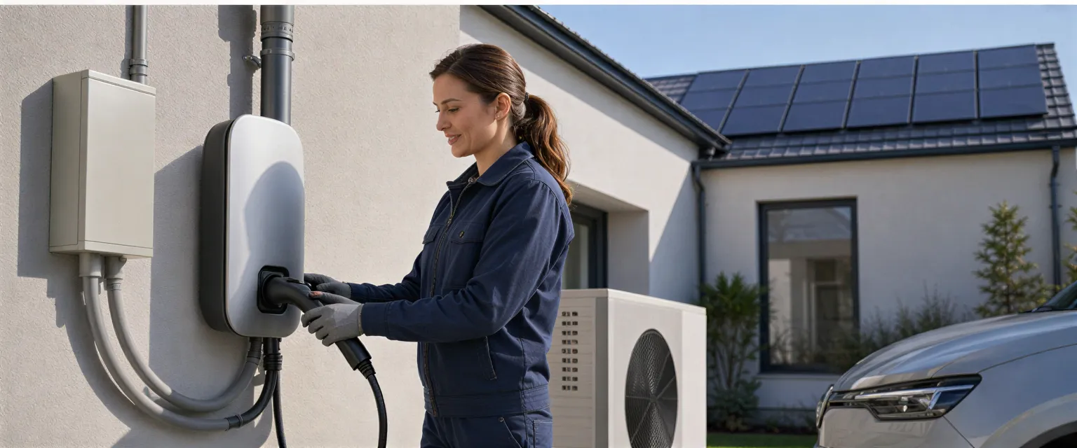Eine Elektrikerin prüft eine Wallbox-Ladestation an der Außenwand eines modernen Hauses.