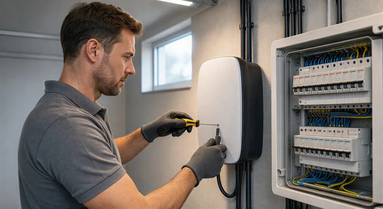 Ein Elektriker installiert eine Wandladestation für Elektroautos in einem sauberen, modernen Technikraum.