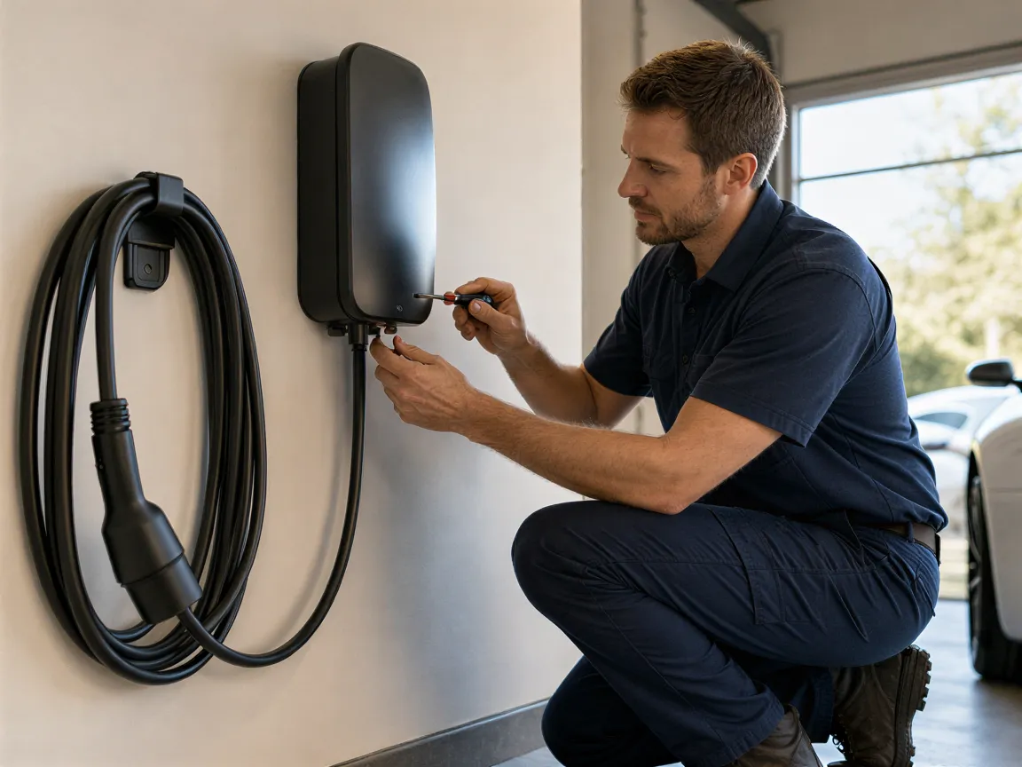 Ein Elektriker in blauer Arbeitskleidung justiert eine Wandladestation in einer modernen Garage.