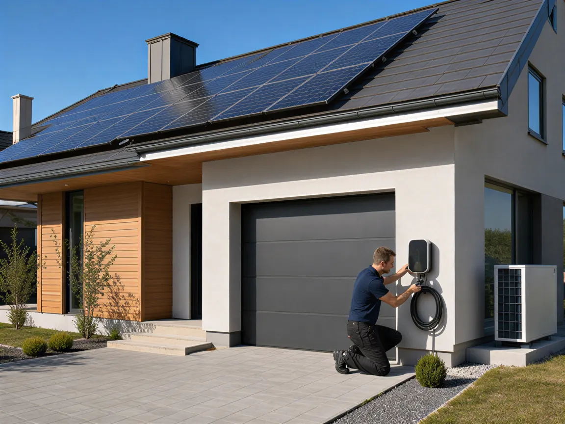 Ein Elektriker installiert eine Wallbox an der Garage eines modernen Einfamilienhauses mit Solaranlage.
