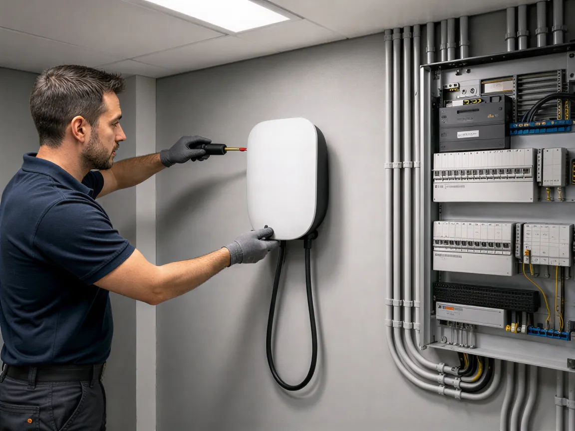 Ein Elektriker installiert eine Wandladestation für Elektroautos in einem modernen, sauberen Technikraum.