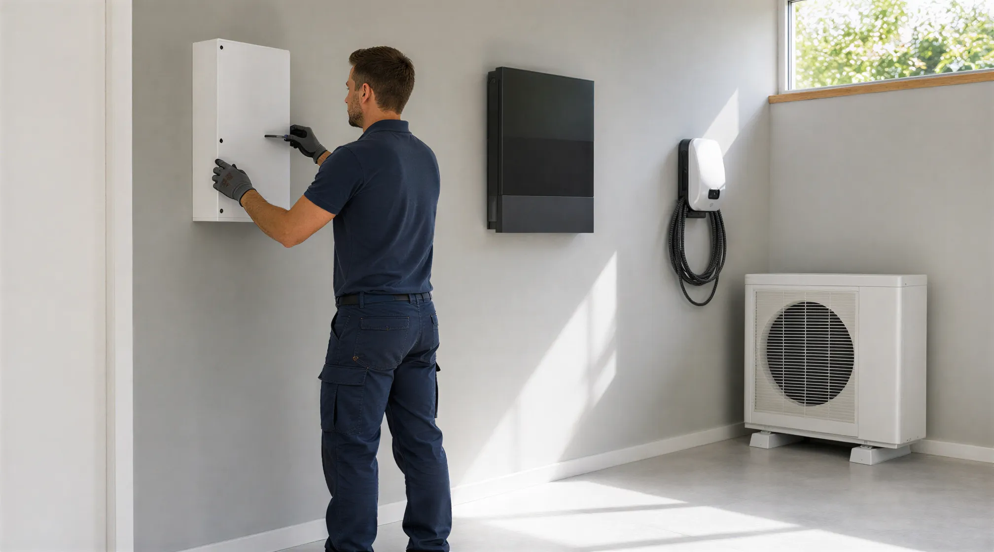 Ein Elektriker installiert eine weiße Unterputzdose an einer hellgrauen Wand in einem hellen Technikraum.