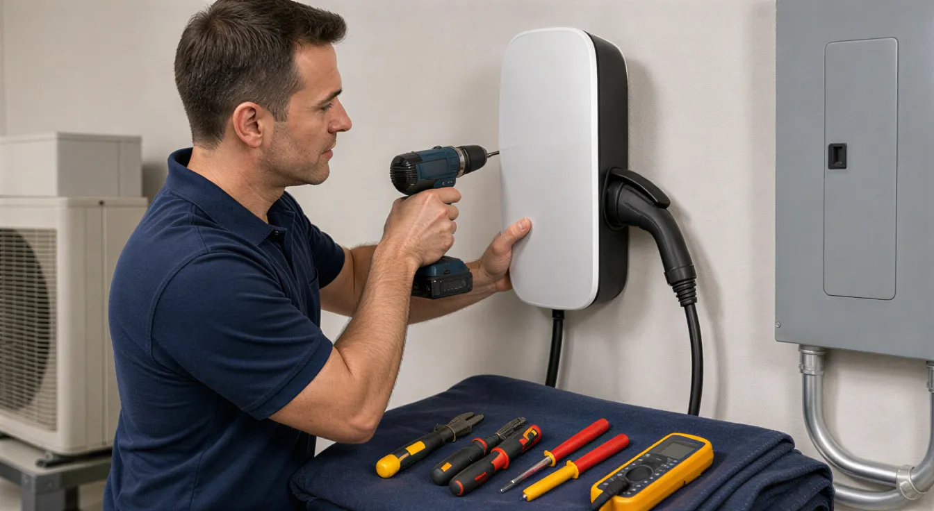 Ein Elektriker installiert eine weiße Wandladestation für Elektroautos in einem modernen Wohnhaus.