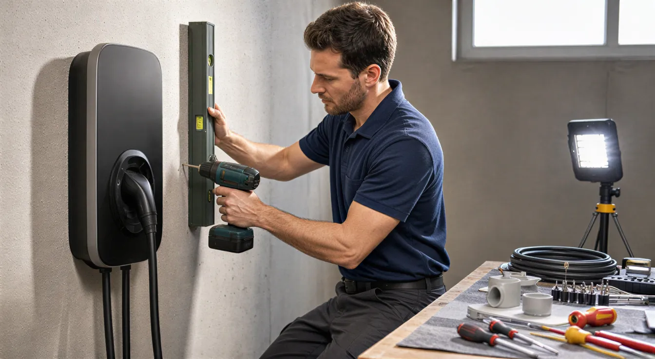 Ein Elektriker installiert eine Wandladestation für Elektroautos an einer Betonwand in einer Garage.