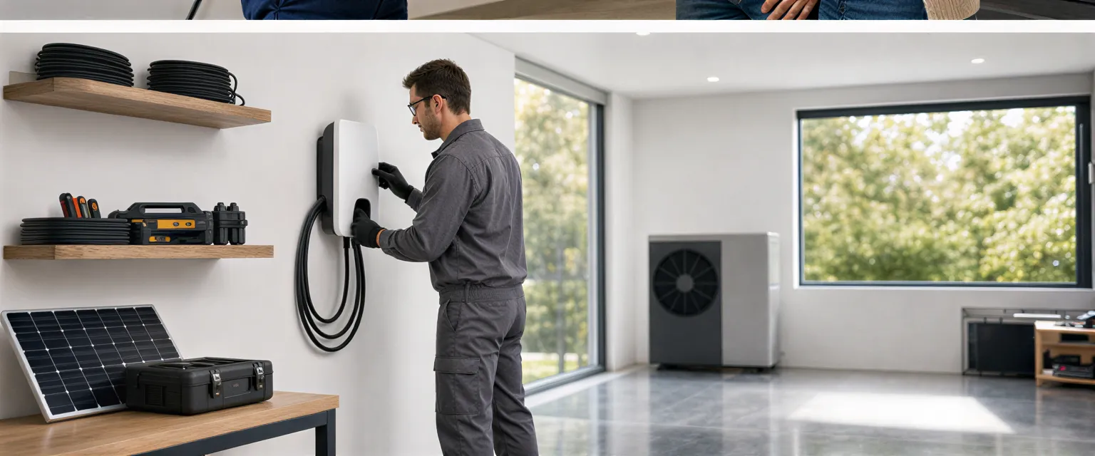 Ein Elektriker installiert eine moderne Wallbox-Ladestation an einer weißen Garagenwand.