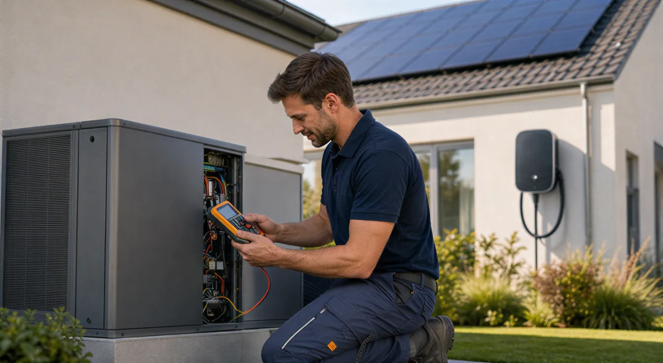 Ein Elektriker prüft eine neu installierte Wärmepumpe an einem modernen Einfamilienhaus mit Photovoltaik-Anlage.
