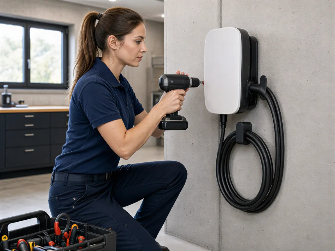 Eine Elektrikerin installiert eine weiße Ladestation für Elektroautos an einer Betonwand in einer Garage.