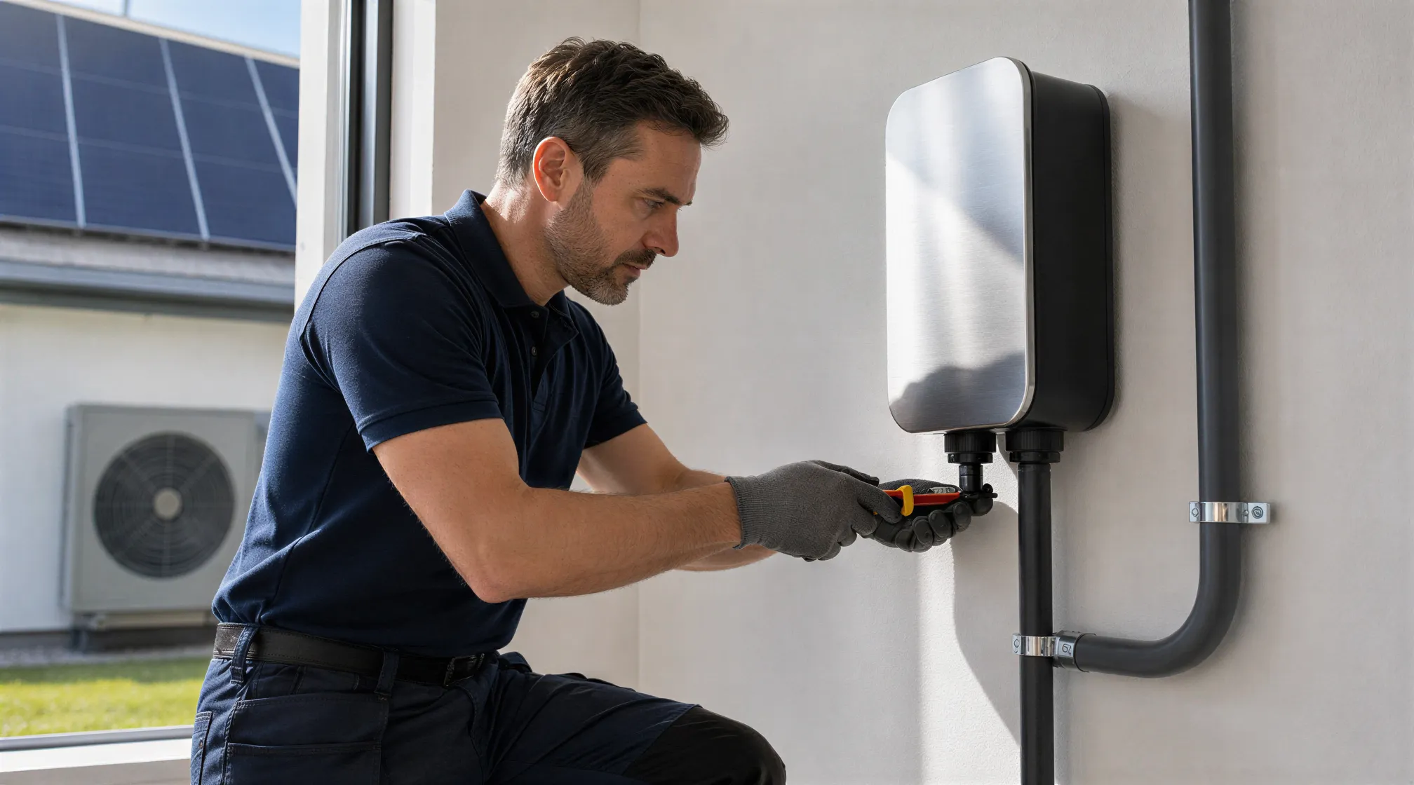 Ein Elektriker verbindet eine silberne Wanddose mit einem Rohr in einem modernen Wohnungsverteilerraum.