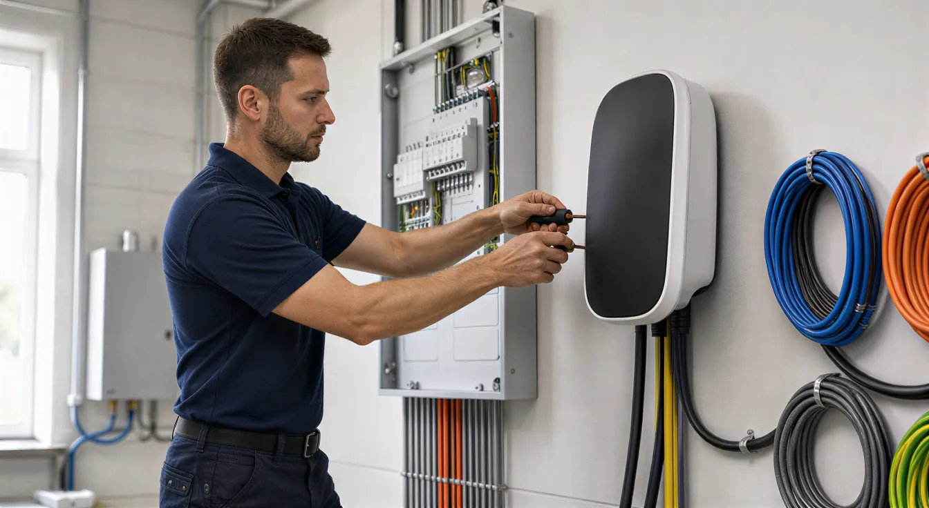 Ein Elektriker installiert eine Wandladestation für Elektroautos in einem modernen Wohnhaus.