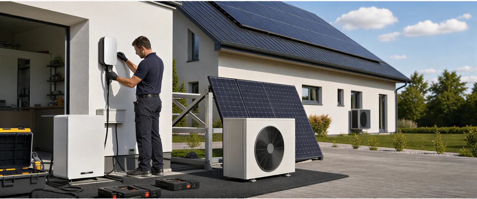 Ein Elektriker installiert eine Wallbox für Elektroautos vor einem modernen Haus mit Solaranlage.
