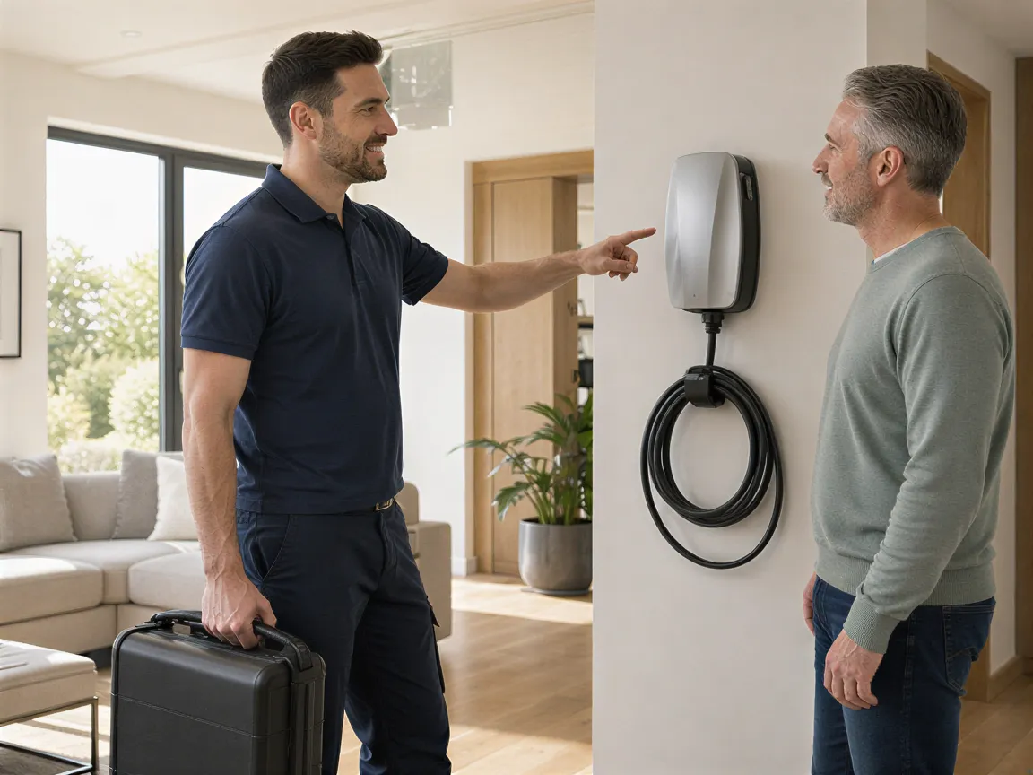 Ein Elektriker zeigt einem zufriedenen Hausbesitzer eine neu installierte Wallbox in einem sonnigen Wohnzimmer.