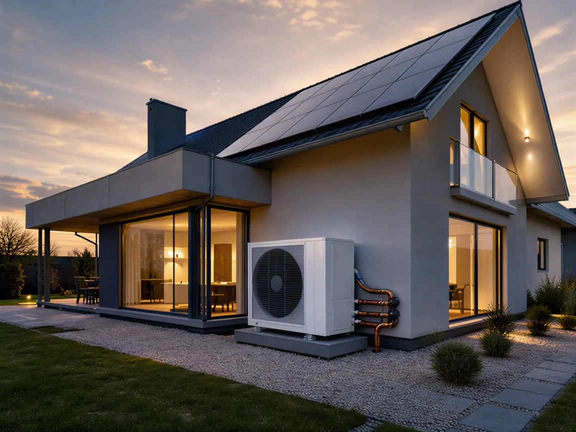 Ein modernes Einfamilienhaus bei Dämmerung mit Wärmepumpe und Solaranlagen auf dem Dach.