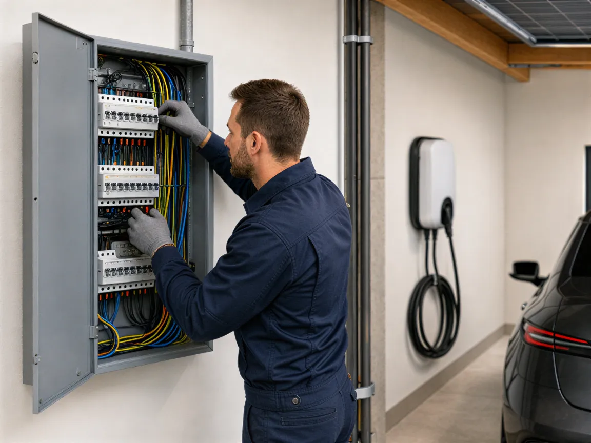 Ein Elektriker verlegt farbige Kabel in einen grauen Sicherungskasten in einem modernen Technikraum.