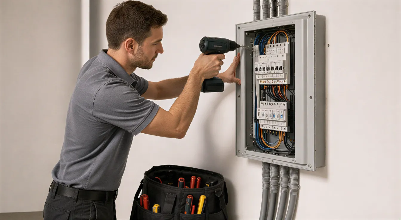 Ein Elektriker installiert präzise einen modernen Sicherungskasten in einem sauberen Technikraum.