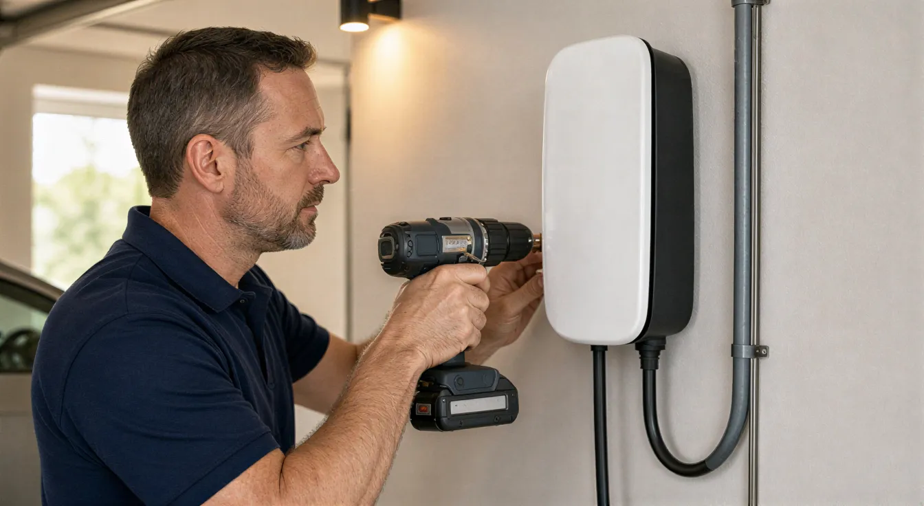 Ein Elektriker installiert eine moderne Wallbox für Elektroautos an der Wand einer sauberen Garage.