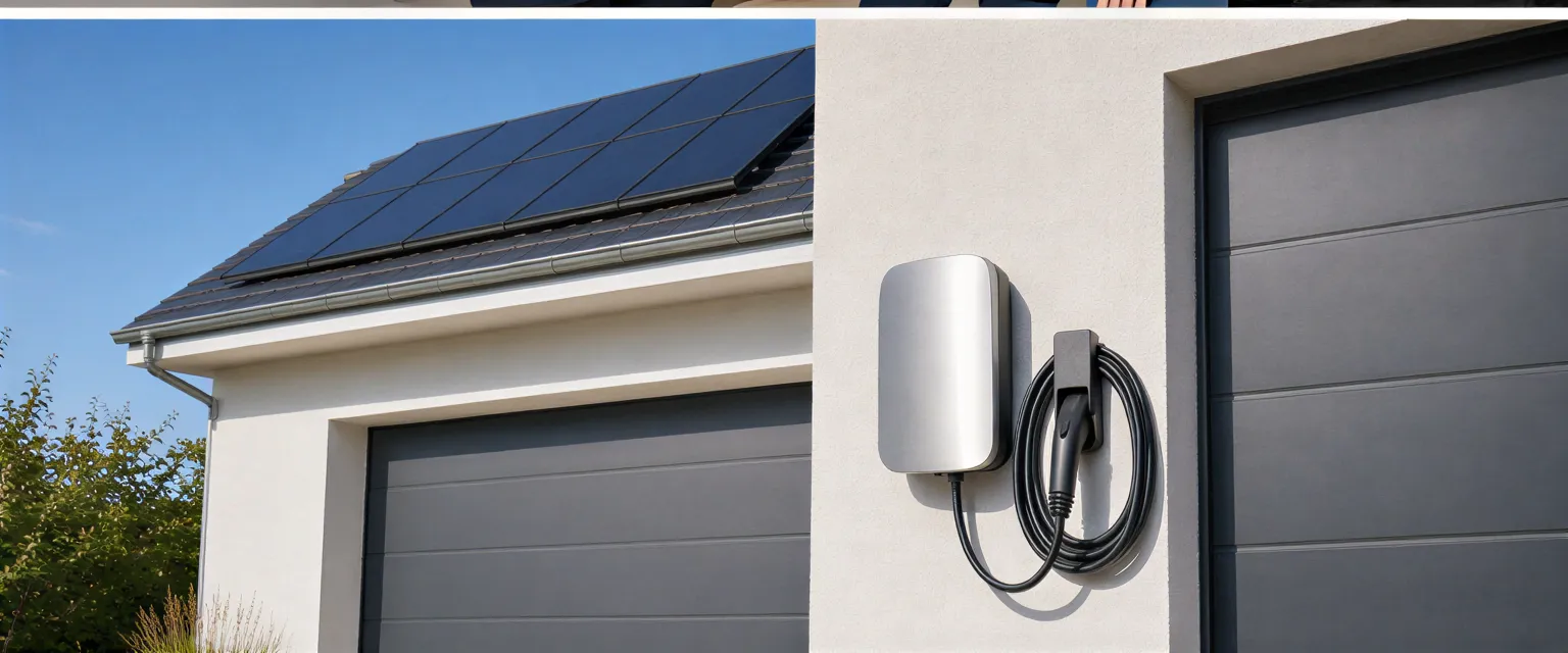 Eine Wandladestation für Elektroautos an einer hellen Garagenwand mit Solarpanelen auf dem Dach im Hintergrund.