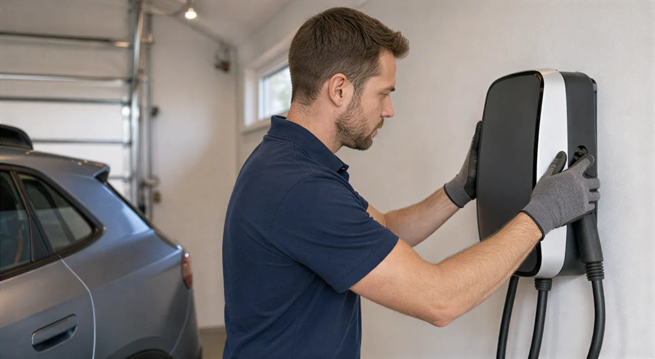 Ein Elektriker installiert eine Wandladestation für Elektroautos in einer sauberen Garage.