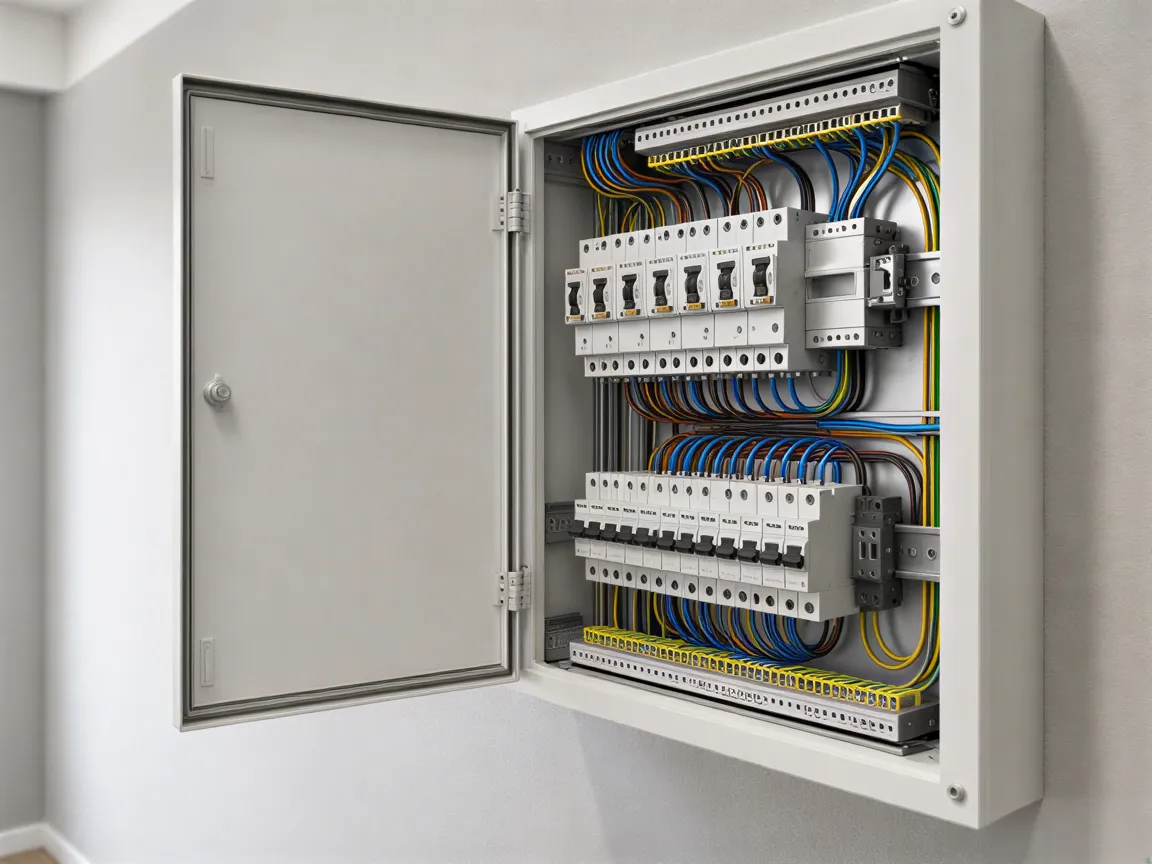 Ein neu installierter, farbcodierter Elektroverteiler in einem sauberen Technikraum einer modernen Wohnung.