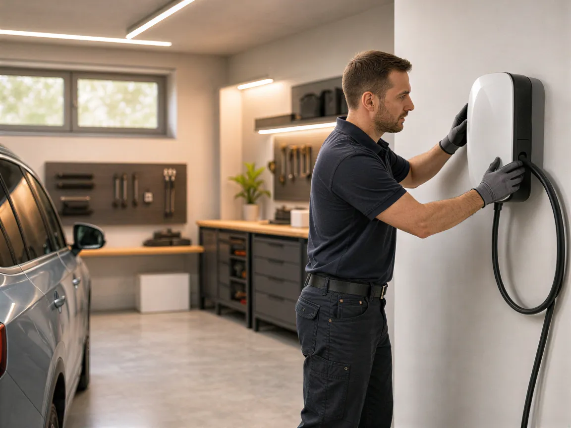 Ein Elektriker installiert eine moderne Wallbox für Elektroautos an einer hellen Garagenwand.