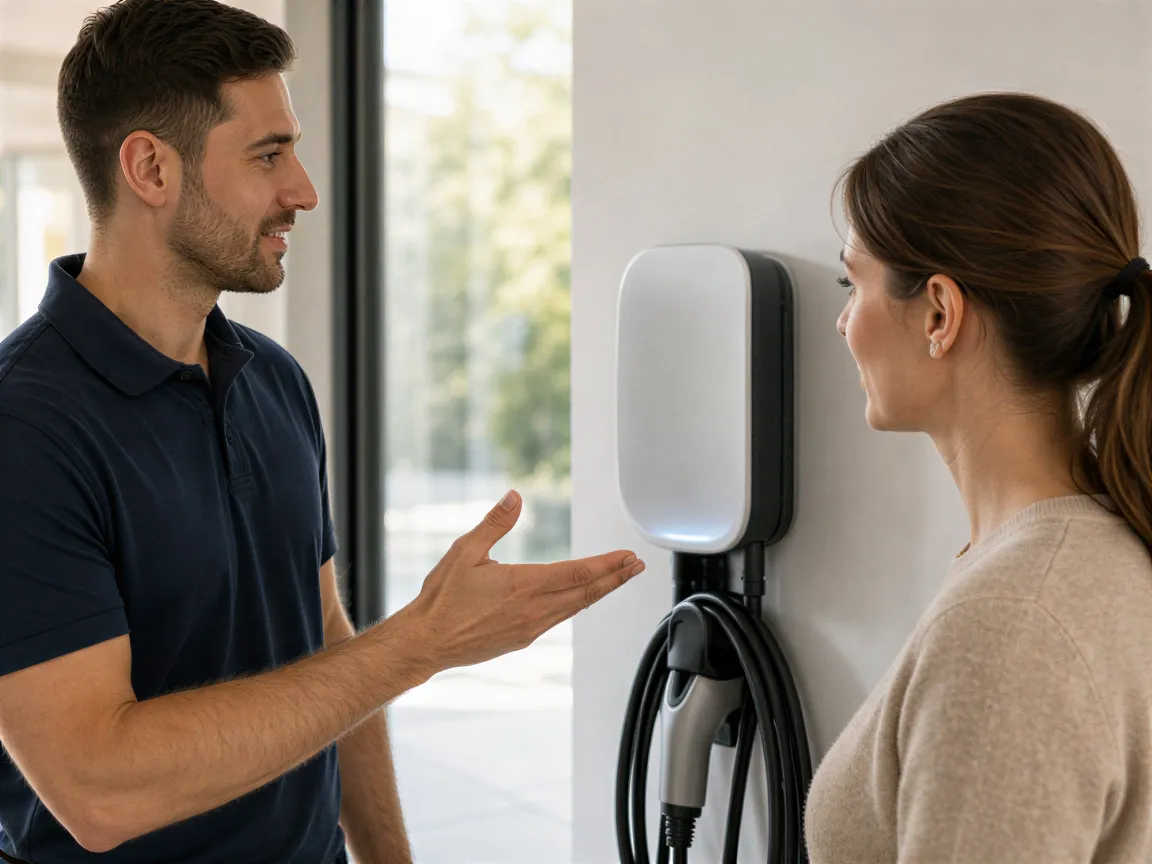 Ein Elektriker erklärt einer Hausbesitzerin die Funktion einer neu installierten Wallbox für Elektroautos.