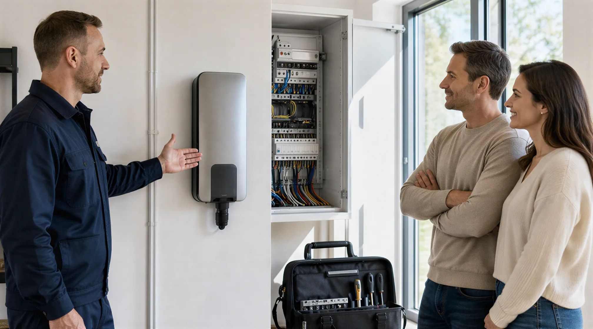 Ein Elektriker erklärt einer zufriedenen Hausbesitzerpaar eine neu installierte Wallbox in einer modernen Garage.
