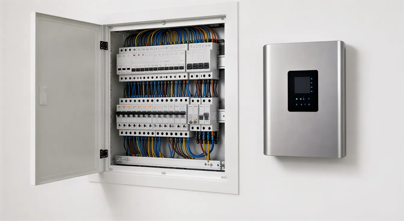 Ein weißer Elektroverteilerschrank mit geordneten Kabeln und ein Wärmepumpenregler an einer Betonwand.