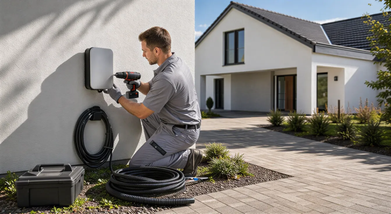Ein Elektriker in grauer Arbeitskleidung installiert eine moderne Ladestation an der Außenwand eines Einfamilienhauses.