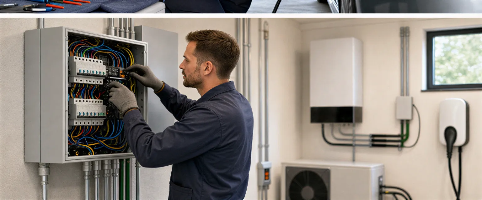 Ein Elektriker in einer modernen Wohnungs-Elektrozentrale verbindet Drähte an einem Wandverteiler.