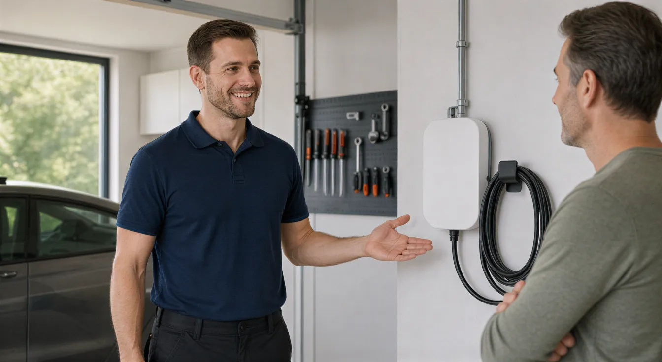 Ein Elektriker zeigt einem zufriedenen Hausbesitzer eine neu installierte Ladestation für Elektroautos in einer Garage.