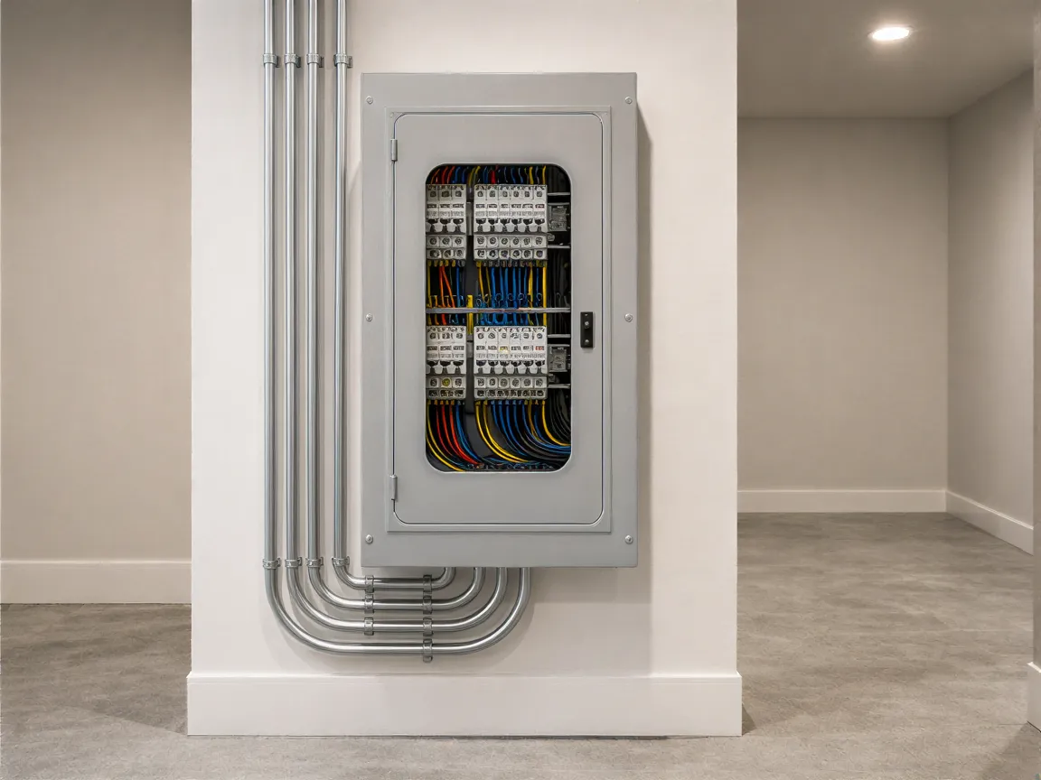 Ein moderner, geschlossener Elektroverteiler mit sichtbarer, ordentlicher Verkabelung in einem sauberen Technikraum.