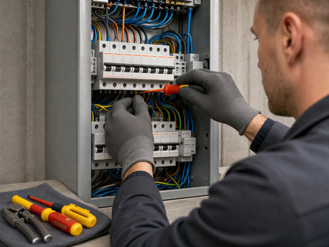 Ein Elektriker in sauberer Arbeitskleidung installiert präzise Kabel in einem modernen Wohnungselektrokasten.