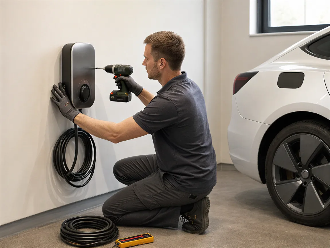 Ein Elektriker installiert eine moderne Wallbox für Elektroautos an der Garagewand.