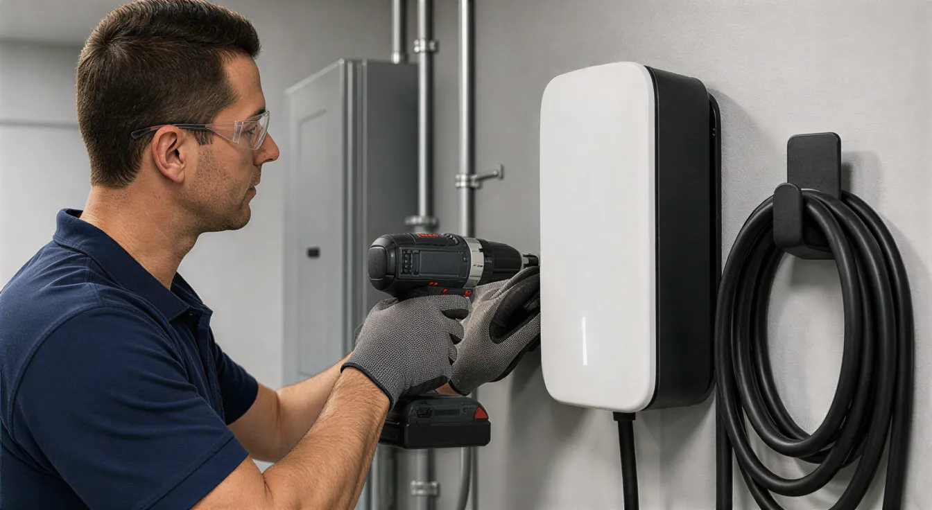 Ein Elektriker installiert eine weiße Ladestation für Elektroautos an einer hellgrauen Wand in einem modernen Technikraum.